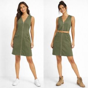 Express Olive Green Utility Safari Zip Front Dress Cargo Pockets Sz L 💛🍄